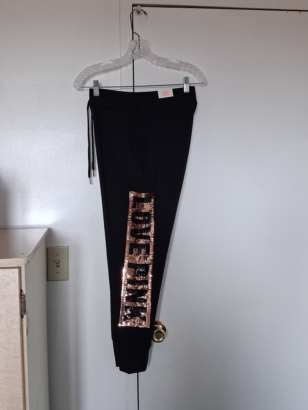 Pink (VS) Black Joggers with Gold Sequin SizeM  NWT